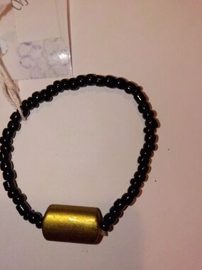 Black Beaded Bracelet with Gold Accent Bead - Women's Jewelry